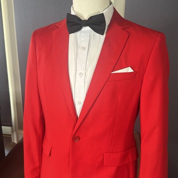 Men’s Red Slim Fit 2 Piece Prom Party Formal Suit Size 36 Jacket 32 Pants NEW - Picture 2 of 15